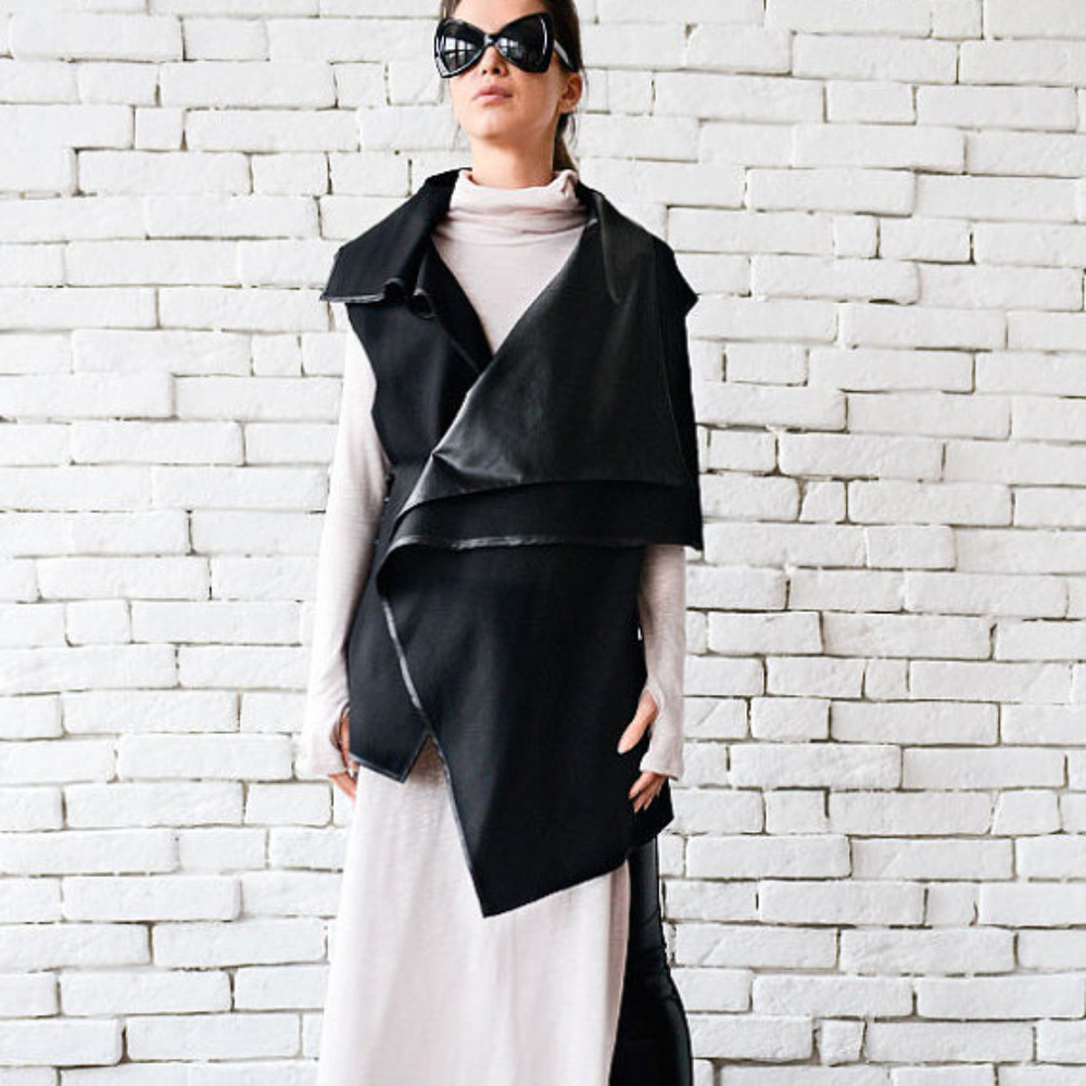 New Asymmetric Black Structured Vest Faux Leather